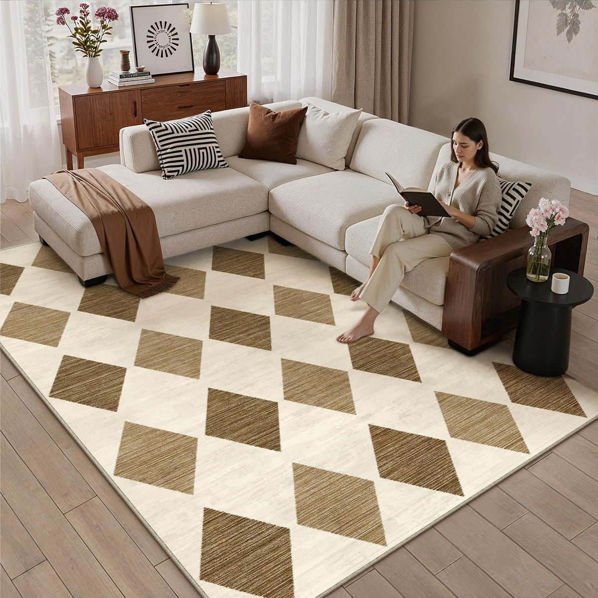 PureCozy 8x10 Washable Area Rug Living Room Beige Non Slip Checkered Carpet