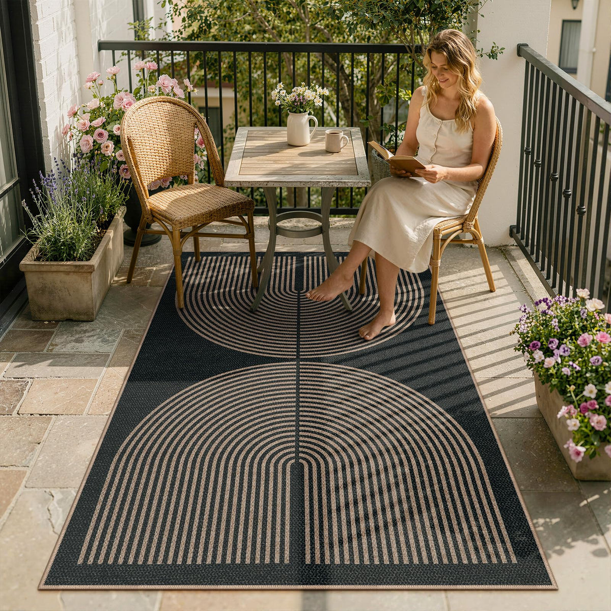 Lahome Modern Rainbow Easy Jute Carpet, Washable 5x7 Area Rugs for Living Room Patio Black Farmhouse Indoor Outdoor Rugs, Contemporary Natural Non Slip Floor Carpet for Office RV Backyard
