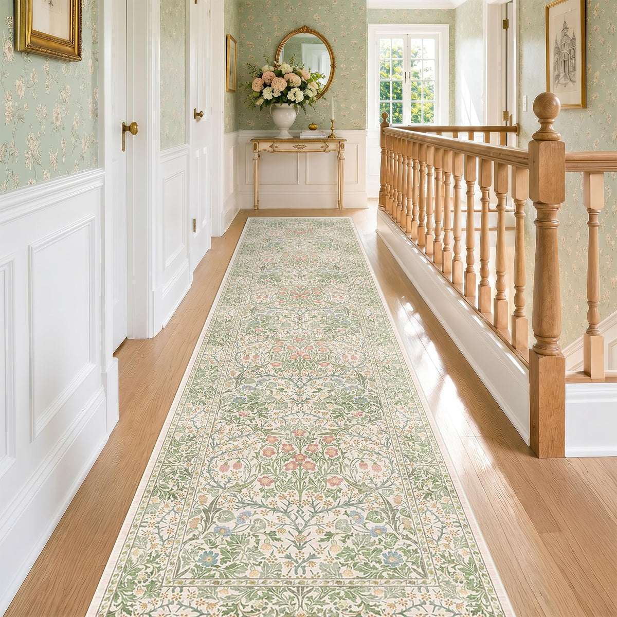 Floral Dark Green Washable Area Rugs 8x10, Vintage Living Room Rug