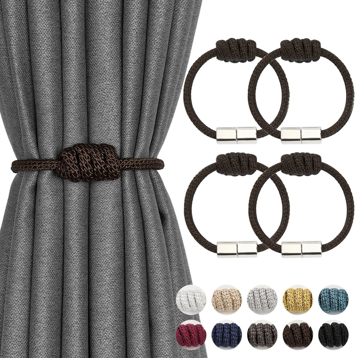 NICEEC 2 Pack Mini Magnetic Curtain Tiebacks Modern Simple Style Drape Tie Backs Elegant Hand Weave Rope Knot Decorative Curtain Holdbacks for Home & Office Window Drapery (Dark Grey)