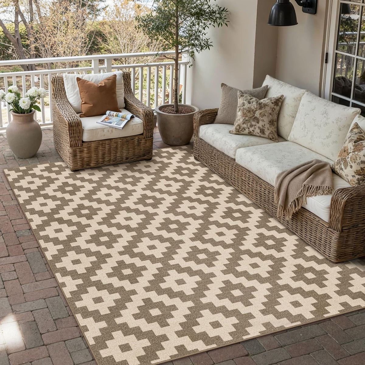 PureCozy 8x10 Washable Area Rug Living Room Beige Non Slip Checkered Carpet