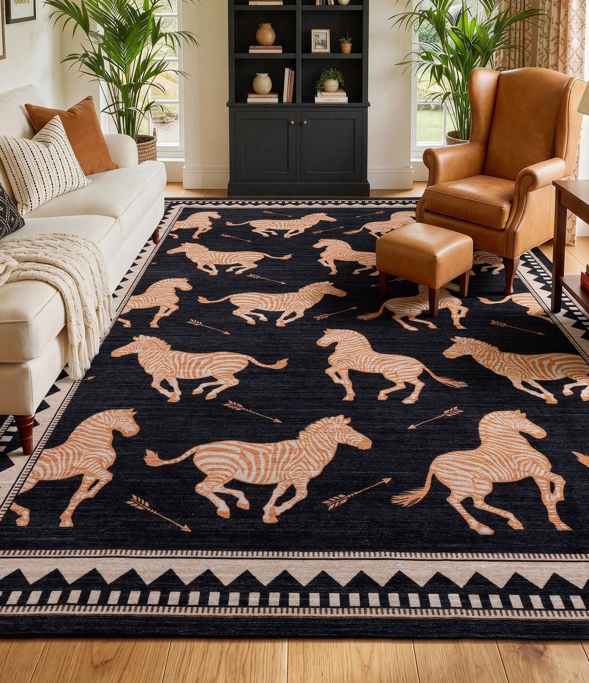 YIHOUSE Red Zebra Area Rugs 5×7, Washable Animal Print Rug with Checkered Border, Non-Slip Low Pile Mid-Century Modern Carpet for Living Room, Bedroom, Dining Room, Home Decor