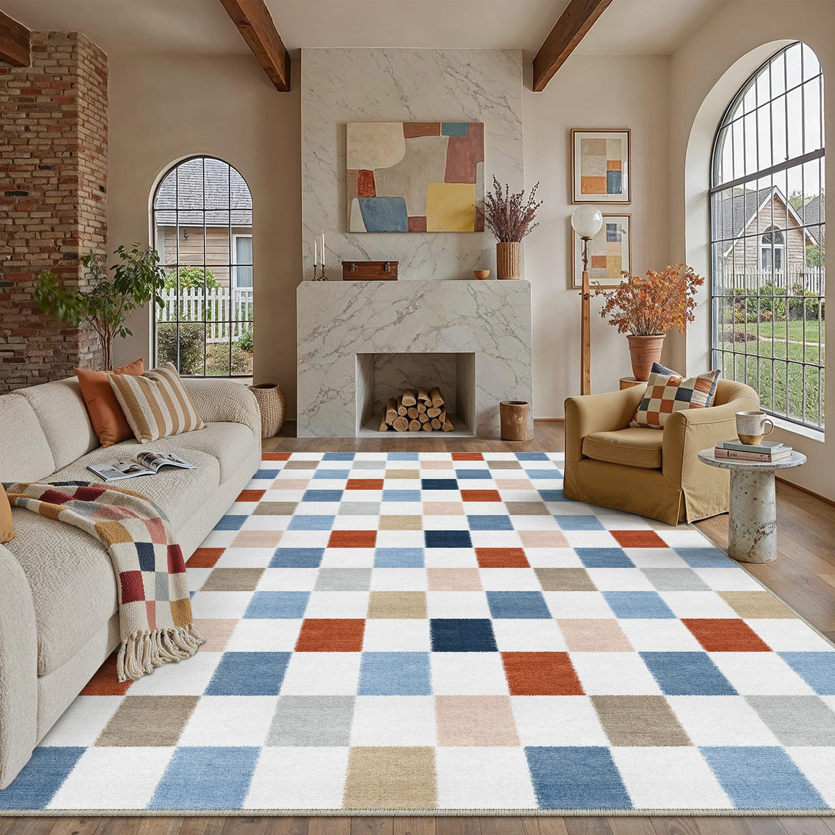 PureCozy 8x10 Washable Area Rug Living Room Beige Non Slip Checkered Carpet