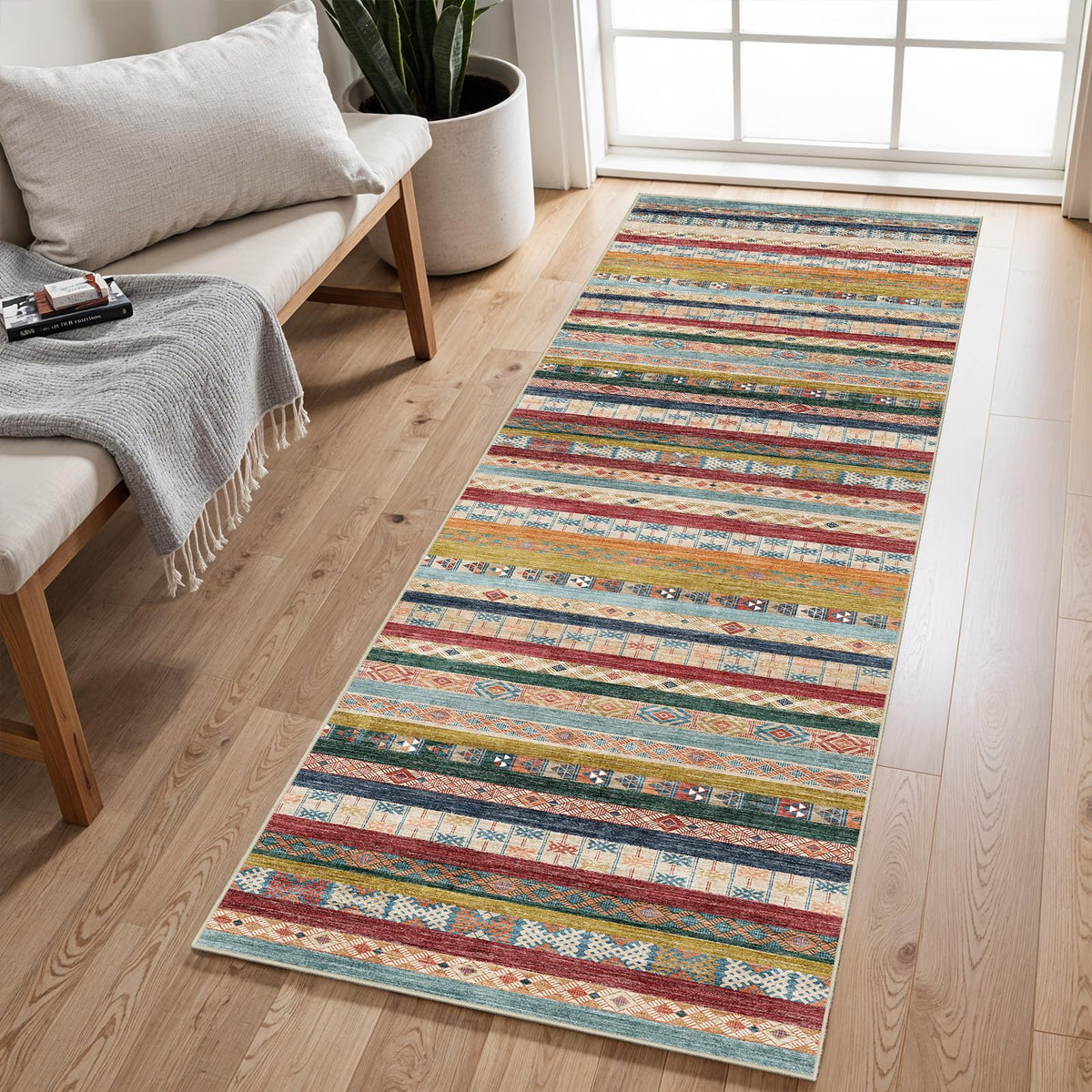 5x7 Washable Area Rug for Living Room - Non-Slip Geometric Rugs Blue Grey