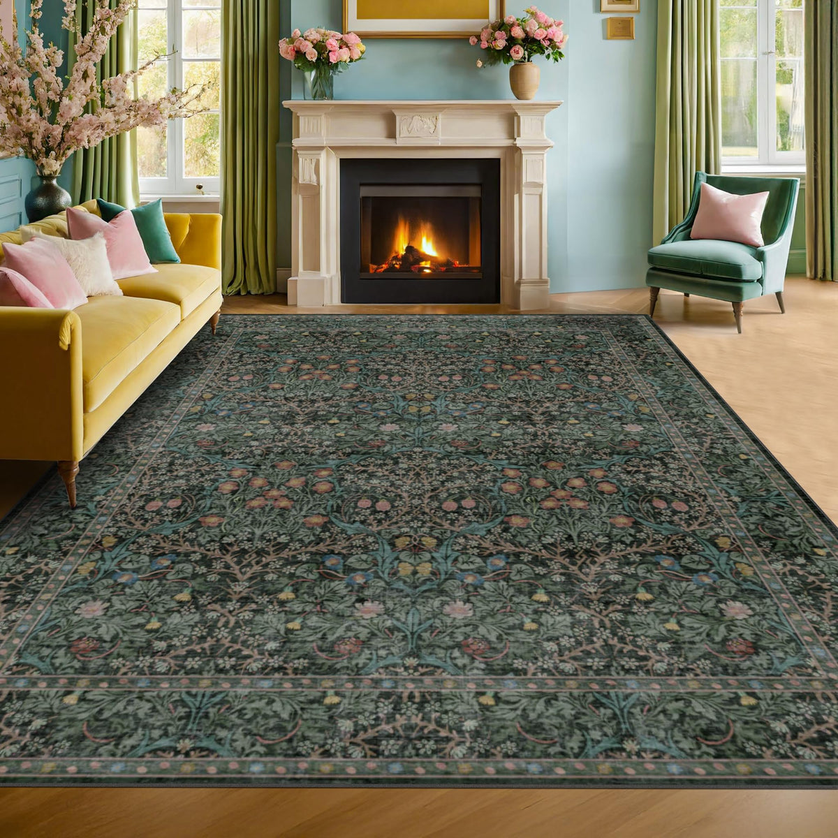 Floral Dark Green Washable Area Rugs 8x10, Vintage Living Room Rug