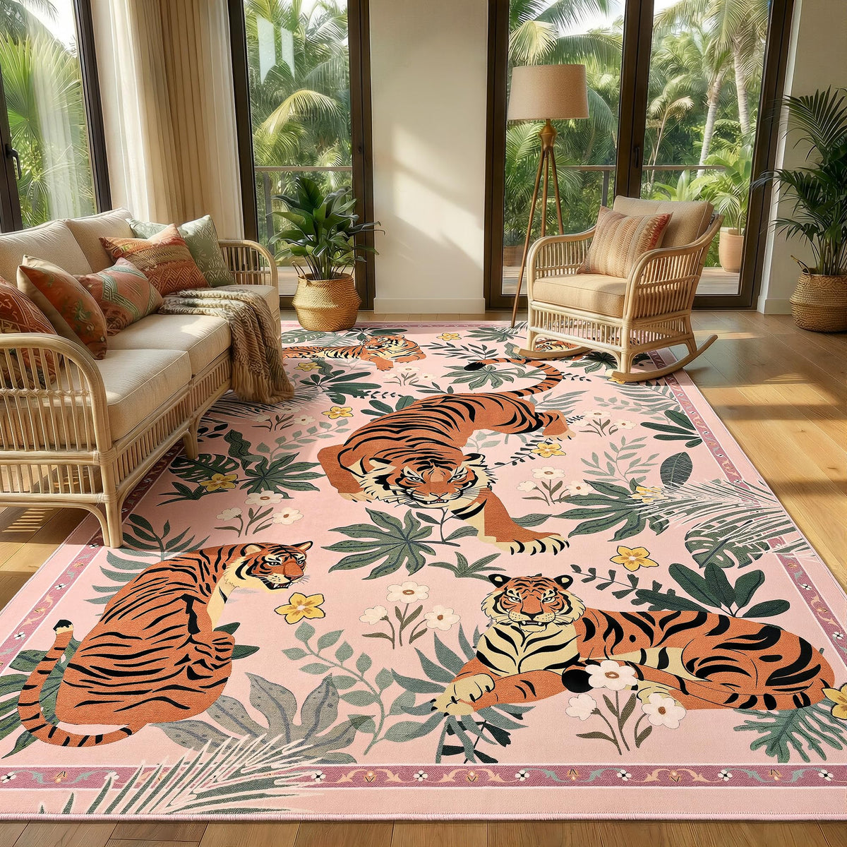 Zentavio Tiger Area Rug 6x9, Vintage Safari Animal Print Rug, Washable Non Slip Boho Camel Carpet for Living Room Bedroom