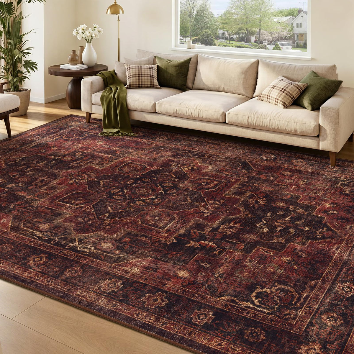 Vintage Distressed 5x7 Area Rugs for Living Room Bedroom Non Slip Washable, Medallion Pattern Printed Low Pile Thin Carpet Rugs for Dining Room/Kitchen/Home Office, Multi Brown Olive Accents