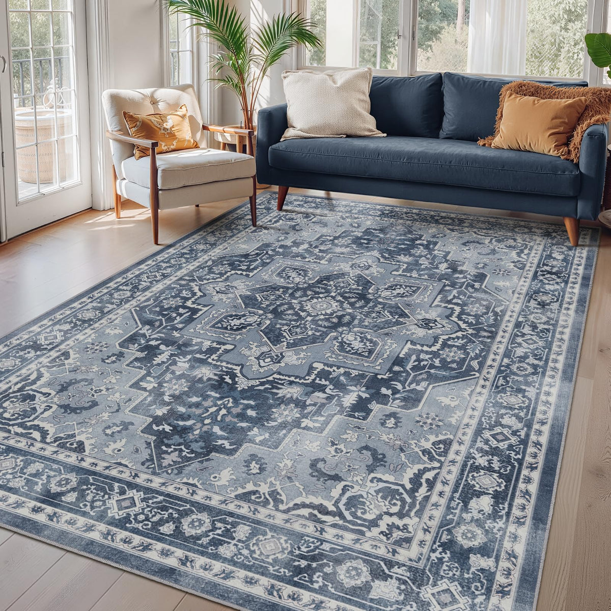 Vintage Distressed 5x7 Area Rugs for Living Room Bedroom Non Slip Washable, Medallion Pattern Printed Low Pile Thin Carpet Rugs for Dining Room/Kitchen/Home Office, Multi Brown Olive Accents