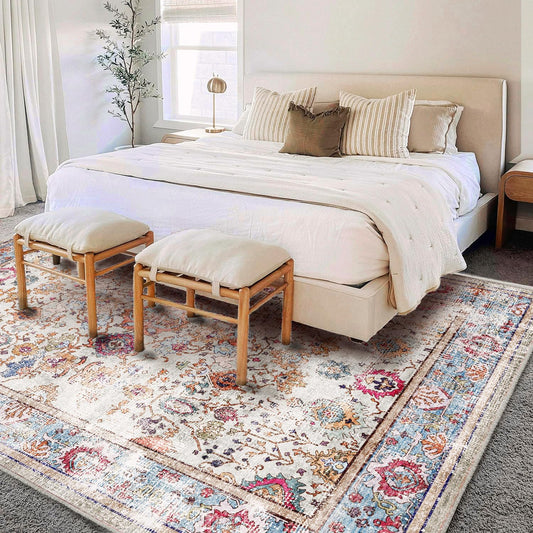 CHAMPLANT Washable Area Rug Vintage 6'x9' Light Traditional Floor Cover Thin Rug Retro Kitchen Indoor Distressed Non Slip Carpet Floral Print Mat Living Room Bedroom Dining Room