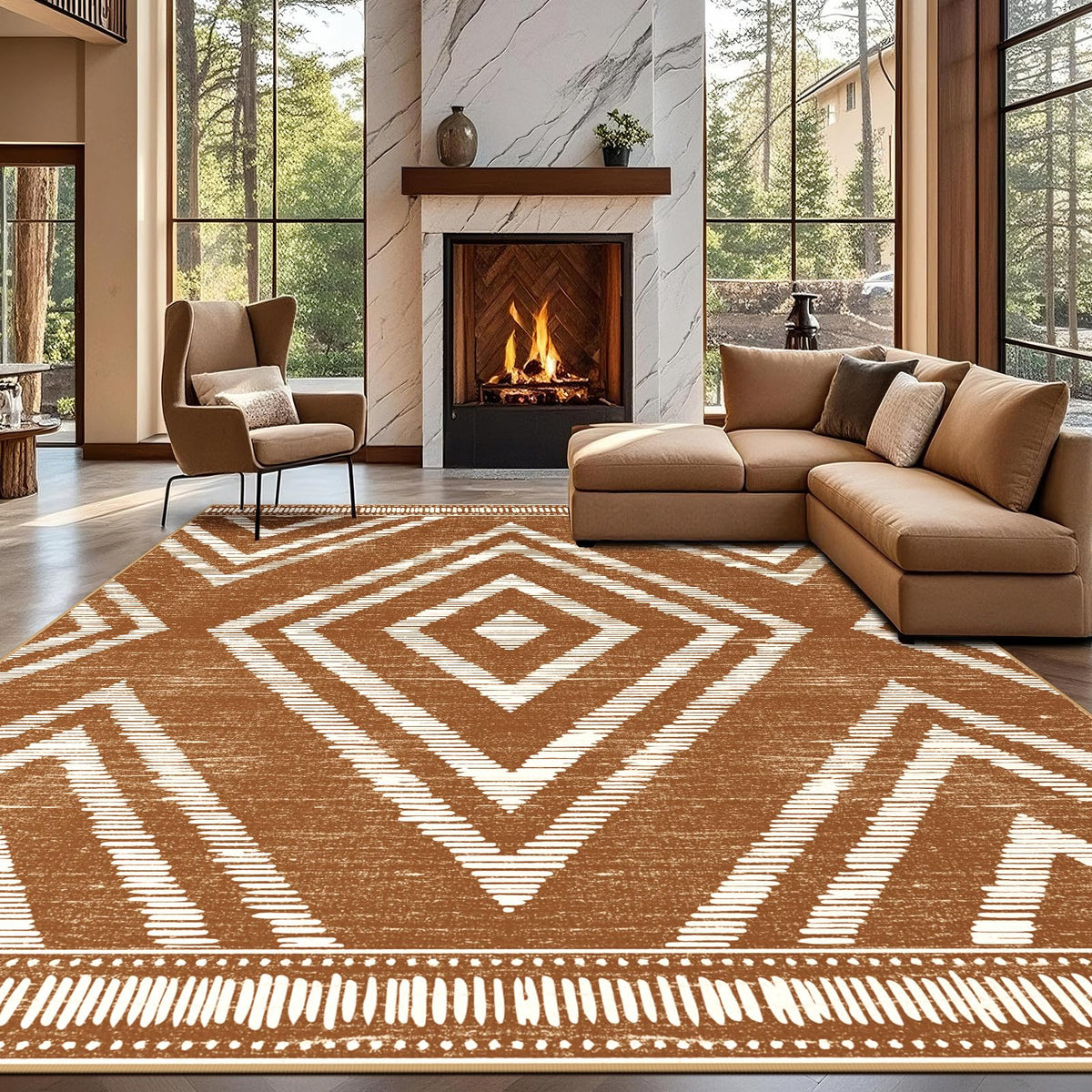 Boho Washable Rugs 5x7ft Non Slip, Low Pile Area Rug for Living Room, Brown Moroccan Bedroom Carpets, Non Shedding Soft Floor Carpet for Dining Room Bathroom Nursery Kitchen Office