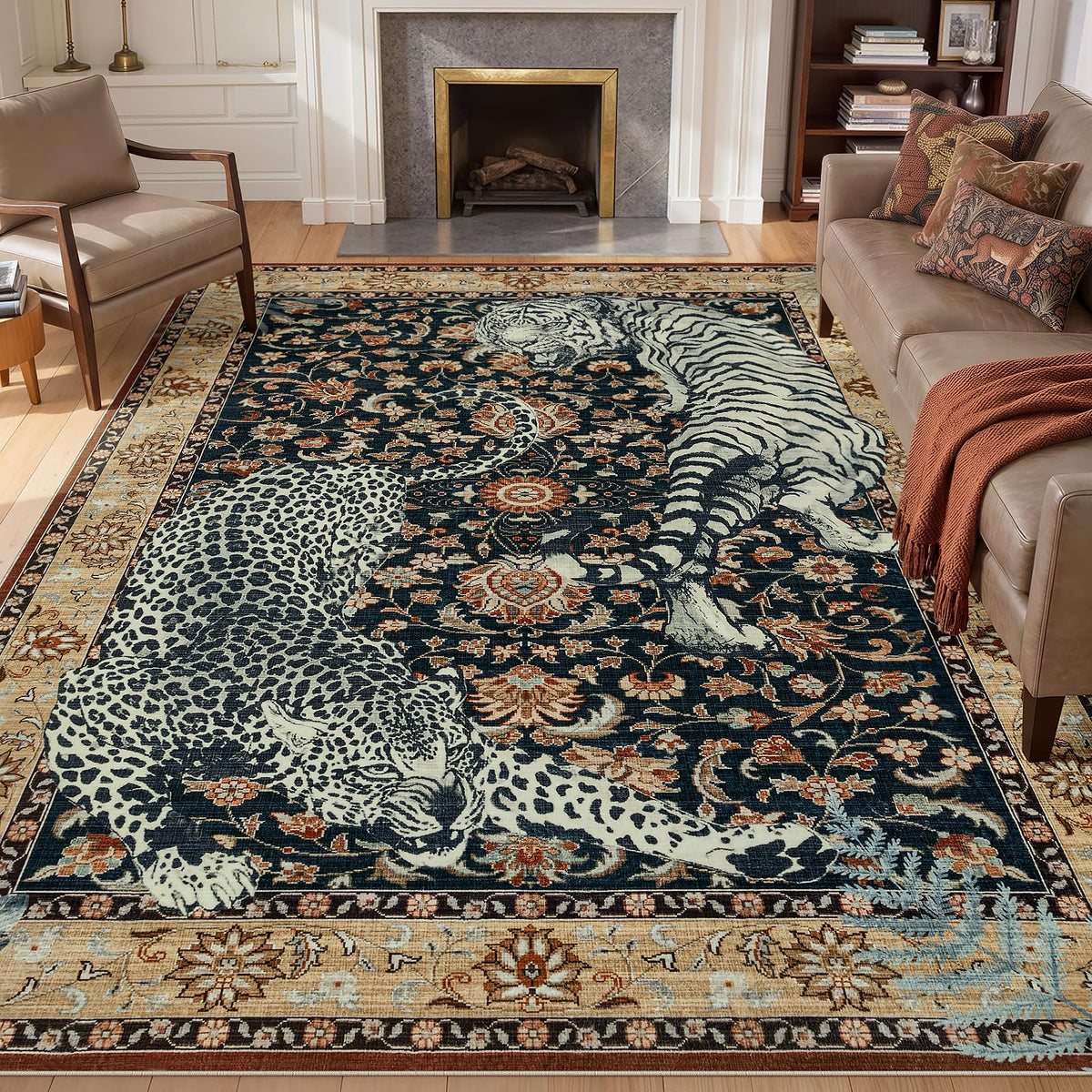 Joydeco Tiger Cheetah Animal Print 5x7 Washable Rug for Living Room Bedroom