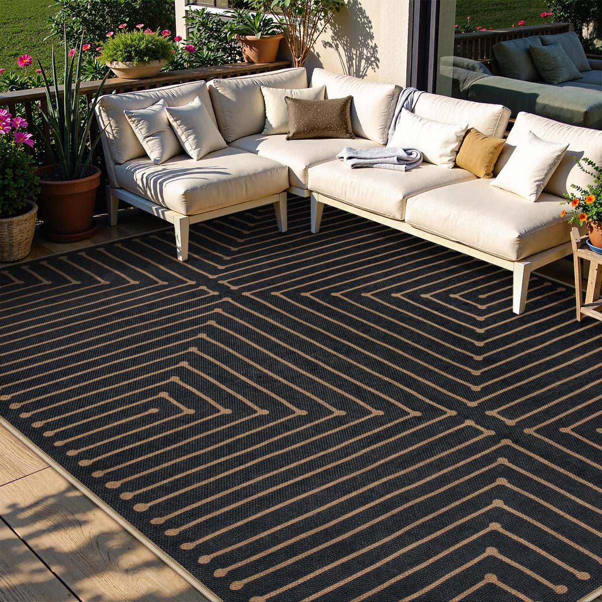 Lahome Modern Rainbow Easy Jute Carpet, Washable 5x7 Area Rugs for Living Room Patio Black Farmhouse Indoor Outdoor Rugs, Contemporary Natural Non Slip Floor Carpet for Office RV Backyard
