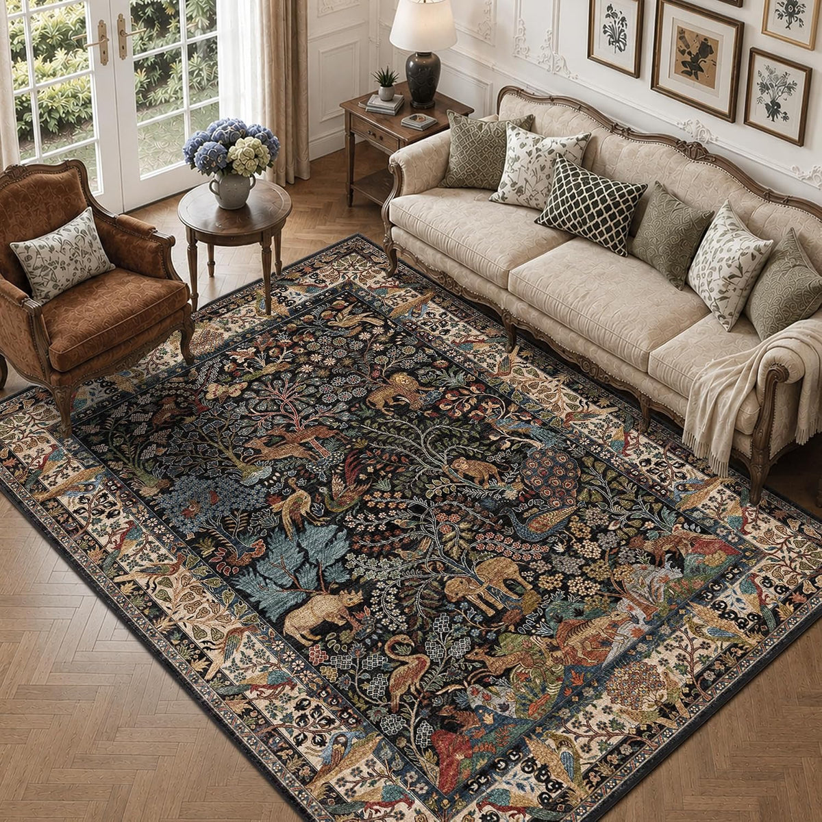 5x7 Washable Area Rug Vintage Animals Print Boho Indoor Carpet