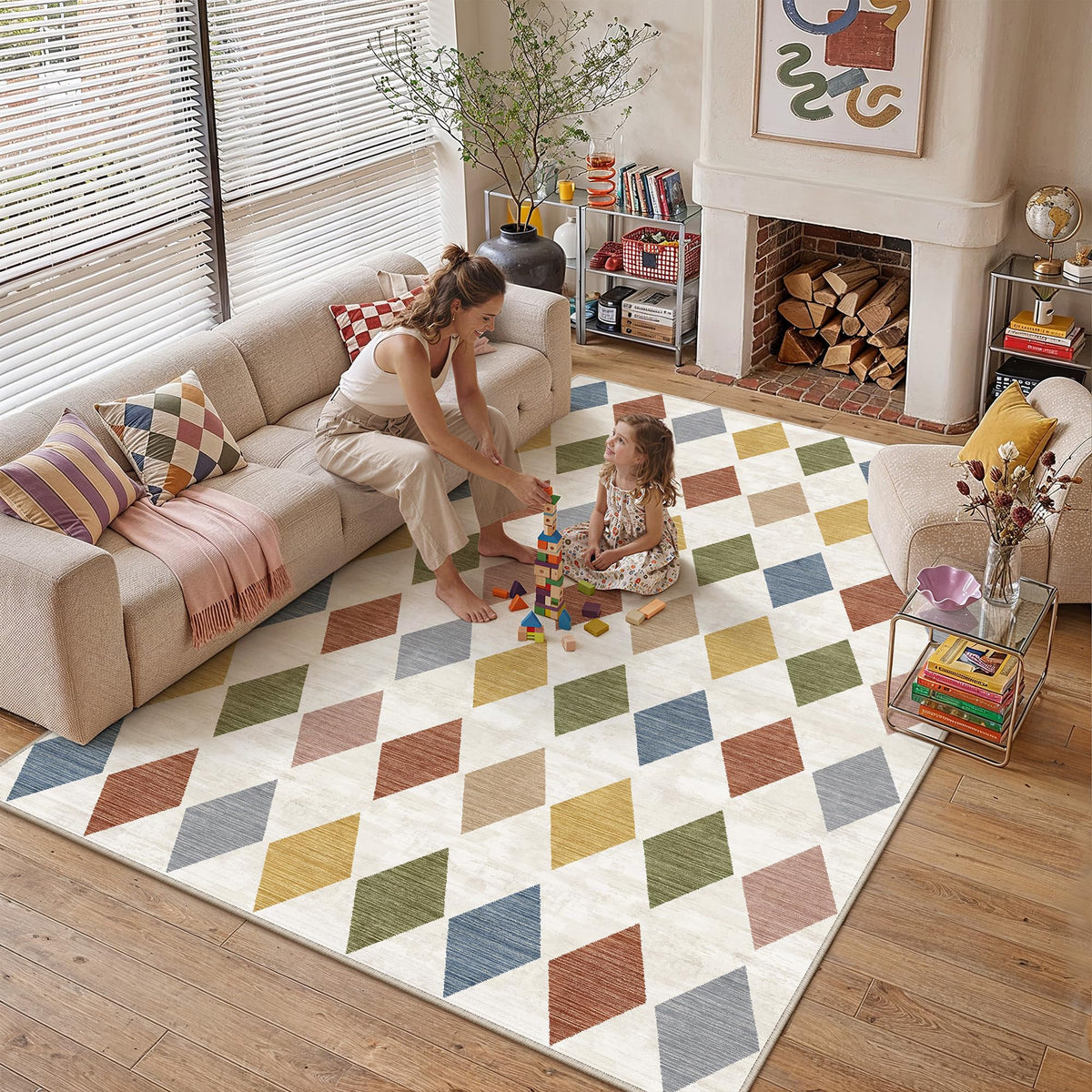 PureCozy 8x10 Washable Area Rug Living Room Beige Non Slip Checkered Carpet