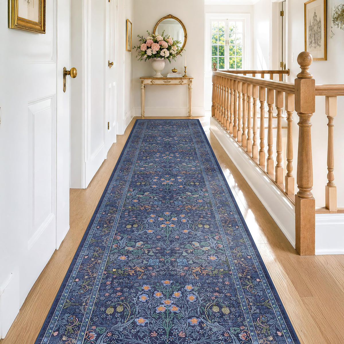 Floral Dark Green Washable Area Rugs 8x10, Vintage Living Room Rug