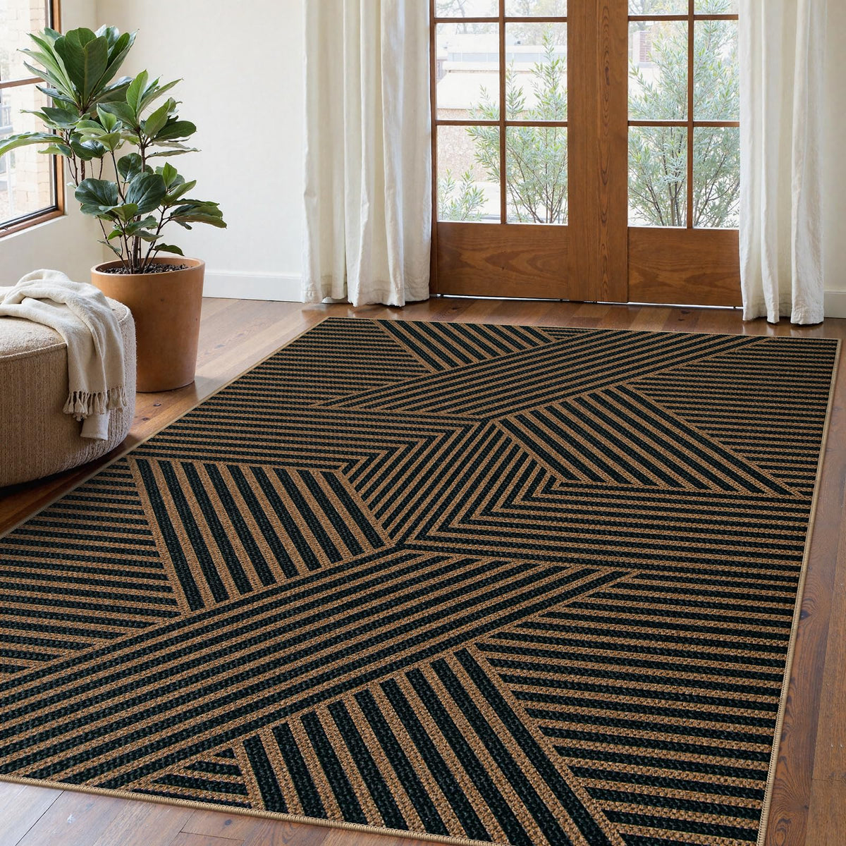 Lahome Modern Rainbow Easy Jute Carpet, Washable 5x7 Area Rugs for Living Room Patio Black Farmhouse Indoor Outdoor Rugs, Contemporary Natural Non Slip Floor Carpet for Office RV Backyard