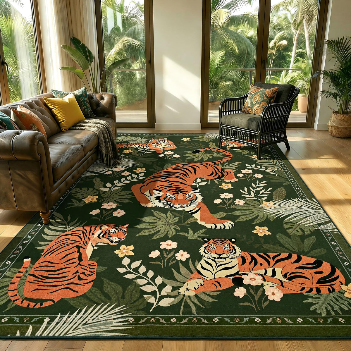 Zentavio Tiger Area Rug 6x9, Vintage Safari Animal Print Rug, Washable Non Slip Boho Camel Carpet for Living Room Bedroom