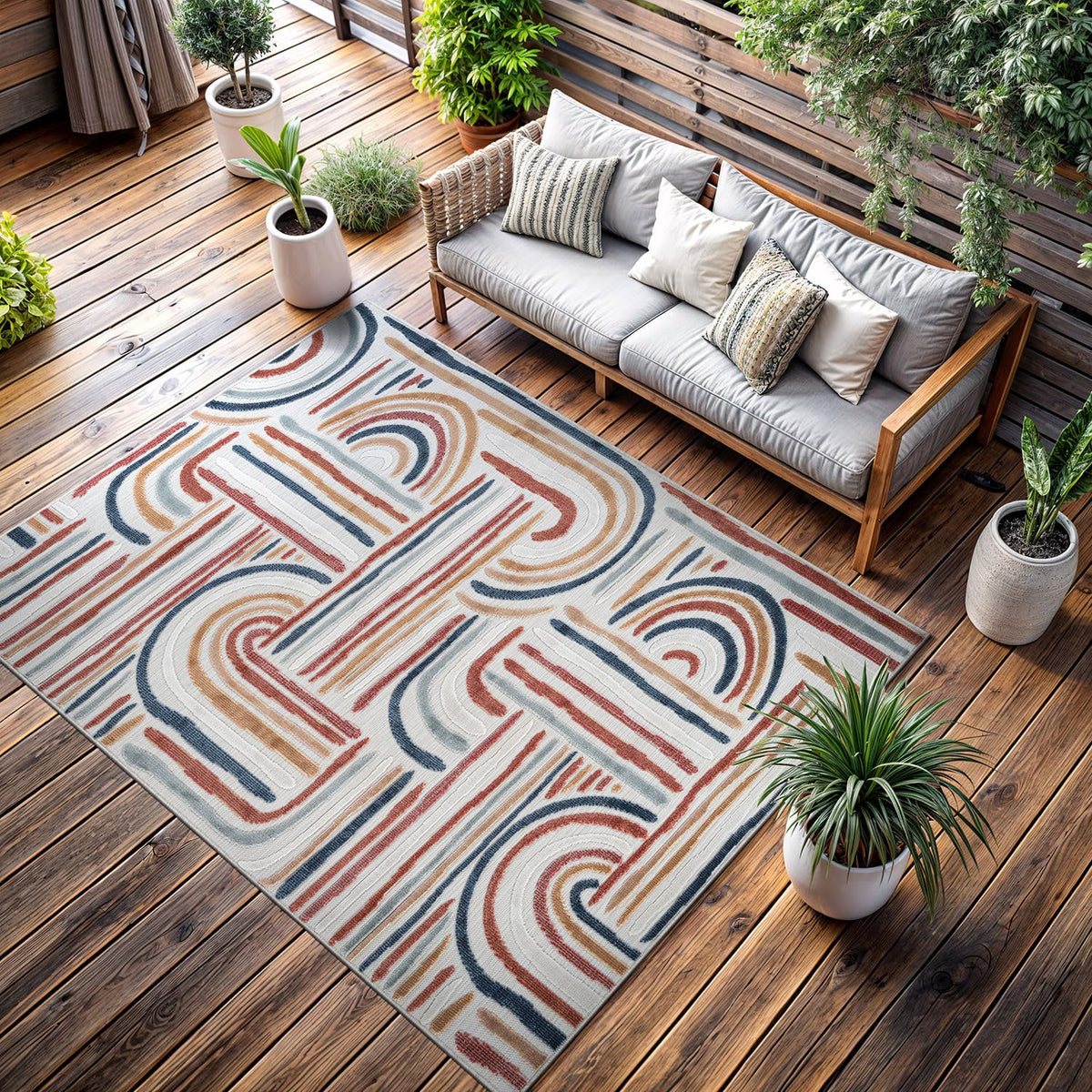 CAMILSON Indoor Outdoor Rug, Multicolor 6x9 Geometric Arch Striped Area Rugs for Patio and Home Areas, Easy-Cleaning Non-Shedding Living Room, Garden and Deck Washable Outside Carpet (6 x 9)