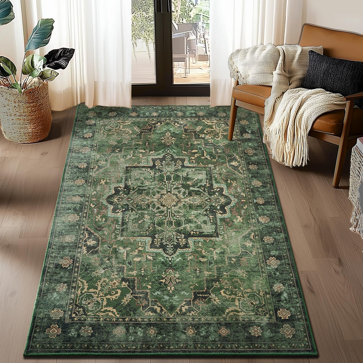 Vintage Distressed 5x7 Area Rugs for Living Room Bedroom Non Slip Washable, Medallion Pattern Printed Low Pile Thin Carpet Rugs for Dining Room/Kitchen/Home Office, Multi Brown Olive Accents
