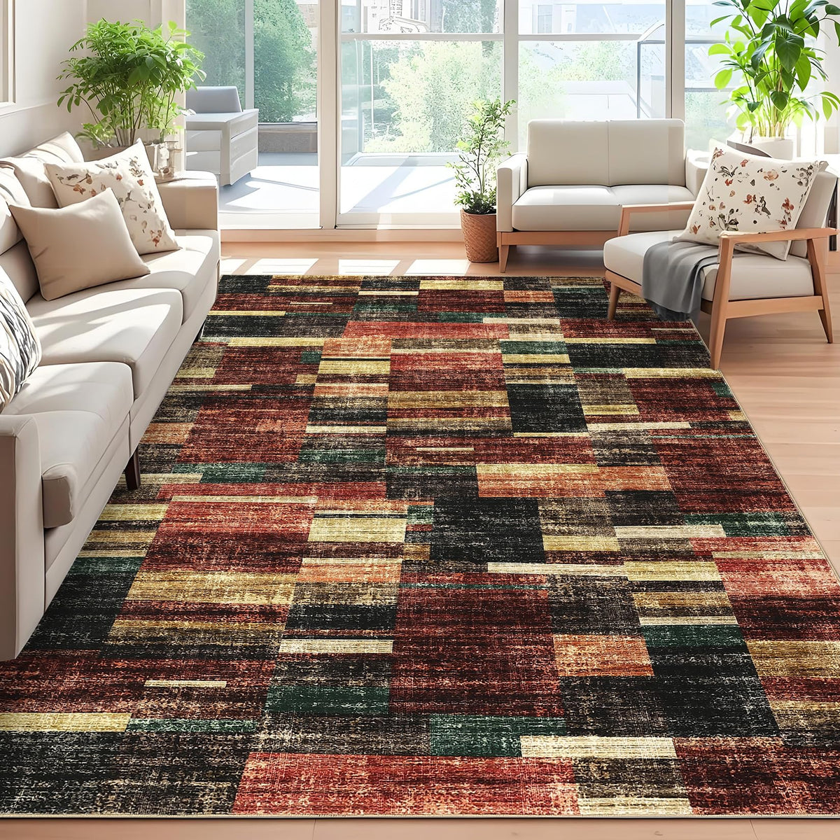 Large Living Room Rugs 8x10 Area Rugs Machine Washable Modern Geometric Neutral Rug Non Slip Low Pile Farmhouse Stain Resistant Carpet for Bedroom Nursery Classroom Dorm 8'x10' Multi
