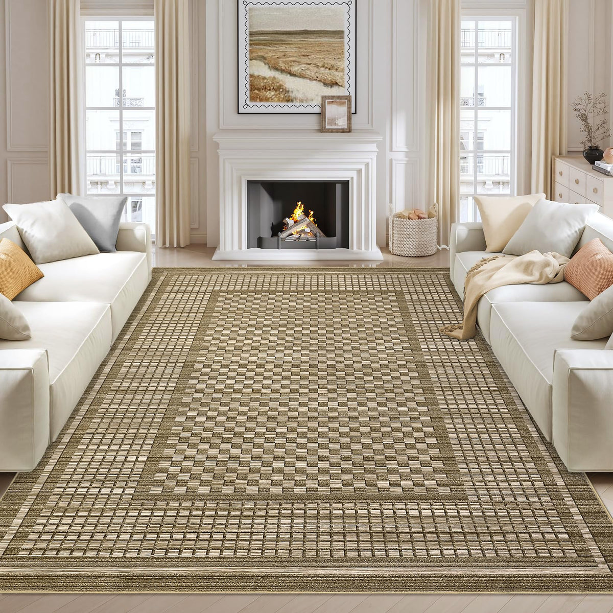 Large Living Room Rugs 8x10 Area Rugs Machine Washable Modern Geometric Neutral Rug Non Slip Low Pile Farmhouse Stain Resistant Carpet for Bedroom Nursery Classroom Dorm 8'x10' Multi