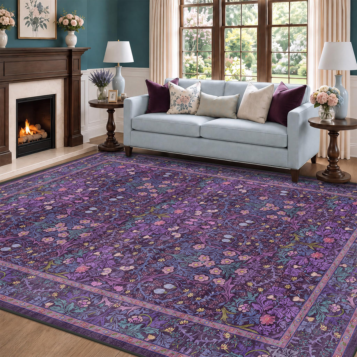 Floral Dark Green Washable Area Rugs 8x10, Vintage Living Room Rug