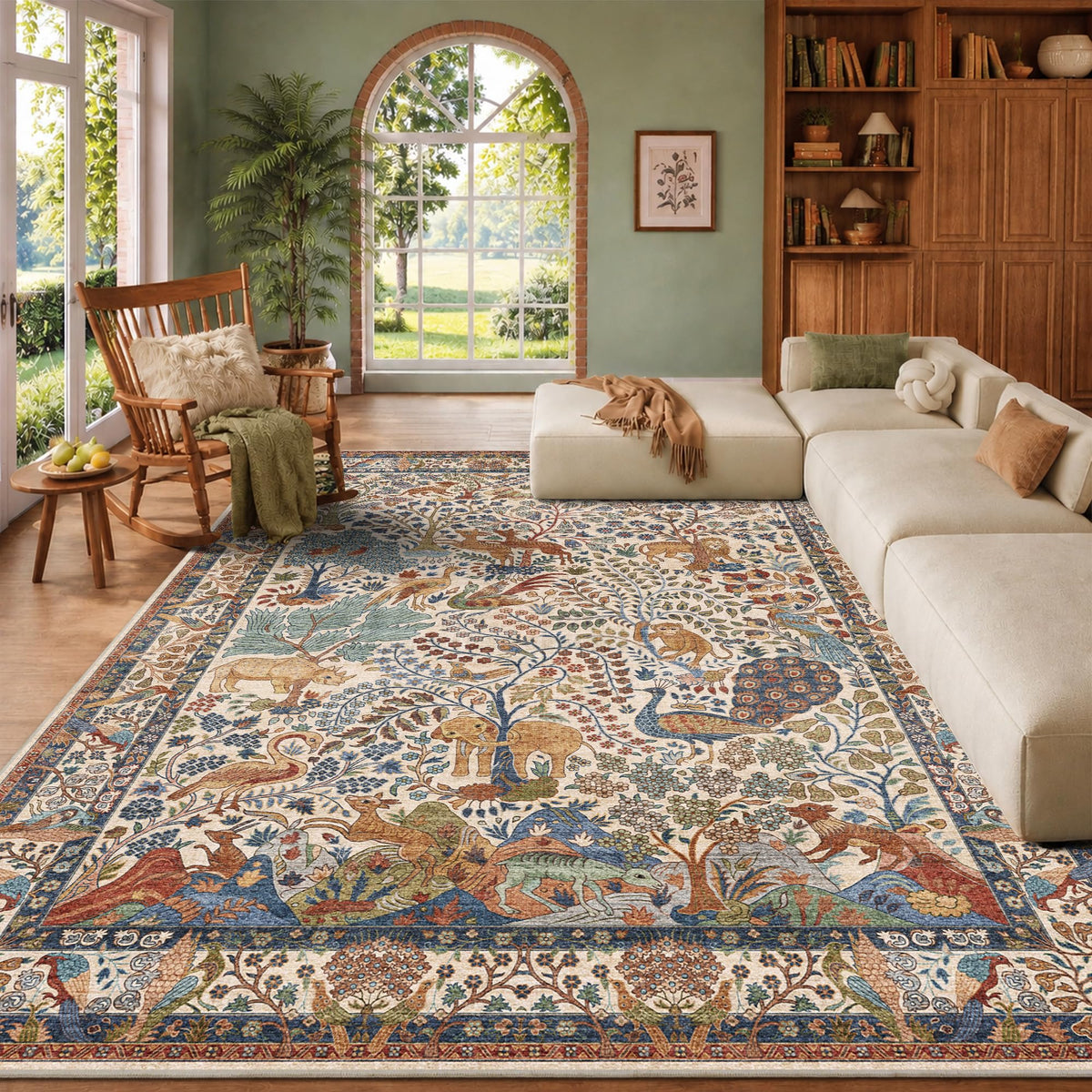 5x7 Washable Area Rug Vintage Animals Print Boho Indoor Carpet