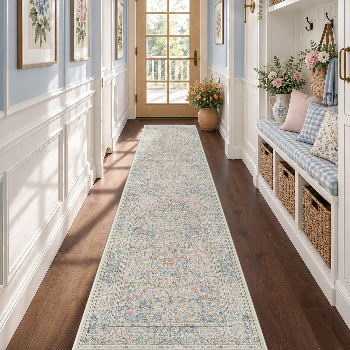 Floral Dark Green Washable Area Rugs 8x10, Vintage Living Room Rug