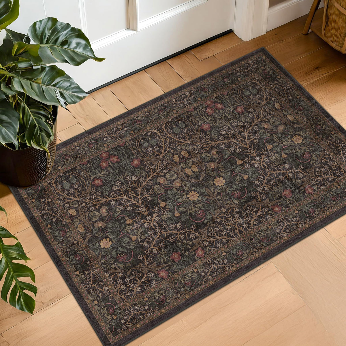 Floral Dark Green Washable Area Rugs 8x10, Vintage Living Room Rug