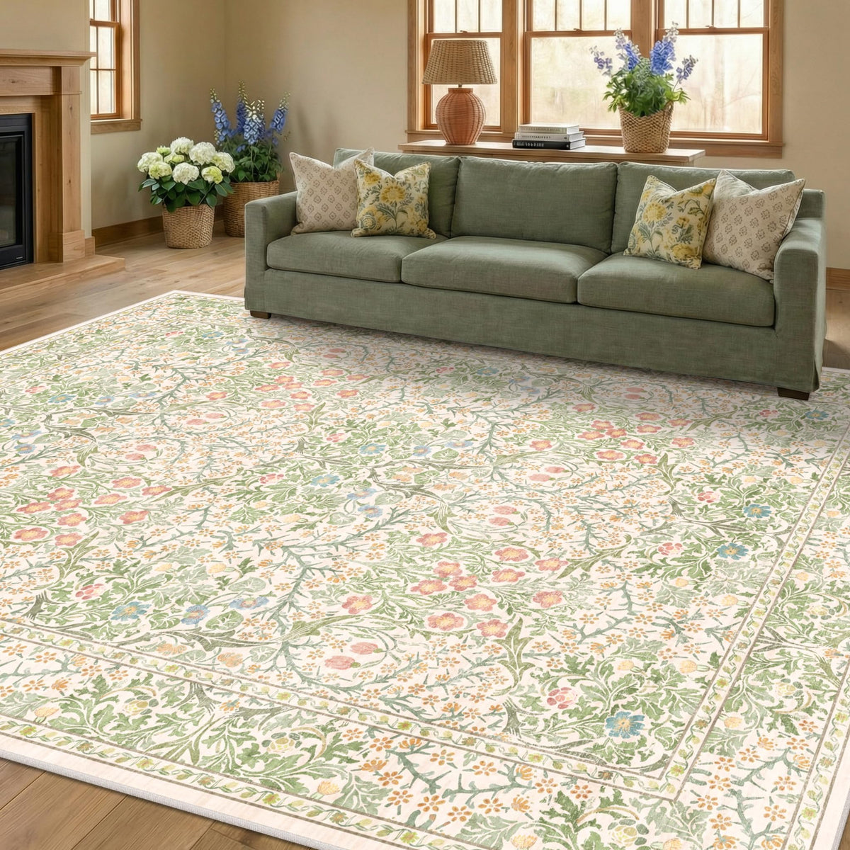 Floral Dark Green Washable Area Rugs 8x10, Vintage Living Room Rug