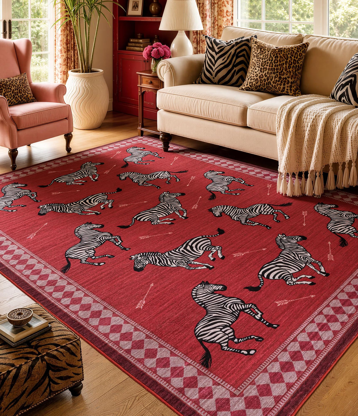 YIHOUSE Red Zebra Area Rugs 5×7, Washable Animal Print Rug with Checkered Border, Non-Slip Low Pile Mid-Century Modern Carpet for Living Room, Bedroom, Dining Room, Home Decor