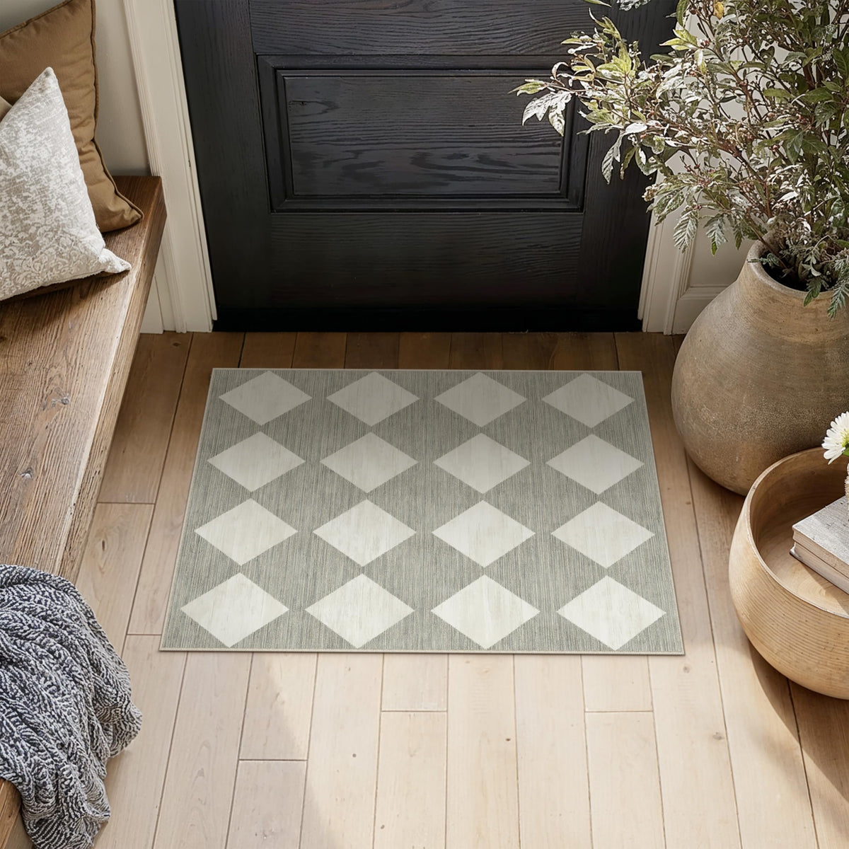 PureCozy 8x10 Washable Area Rug Living Room Beige Non Slip Checkered Carpet