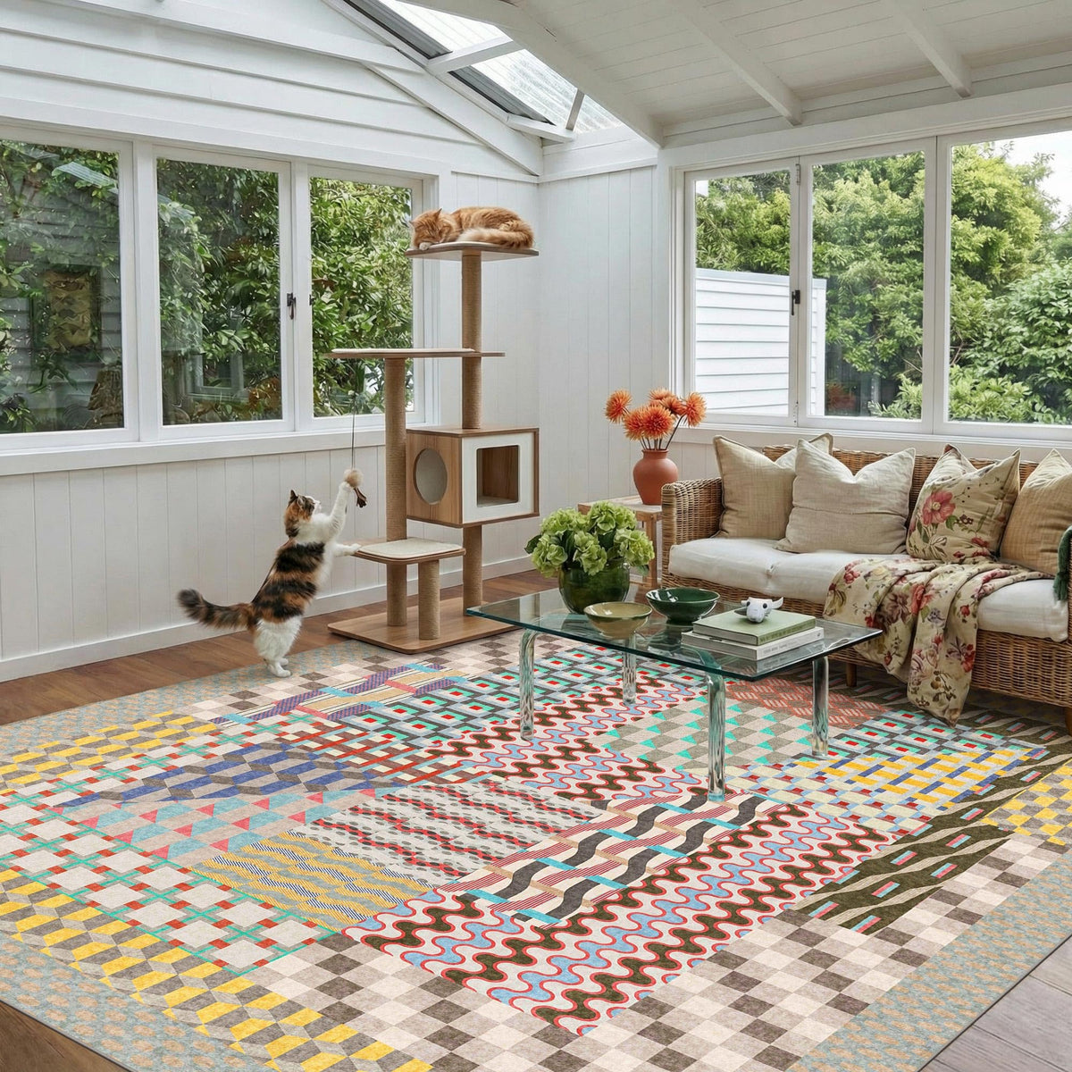 Kokia 8x10 Modern Geometric Washable Rug for Living Room Bauhaus Multicolor