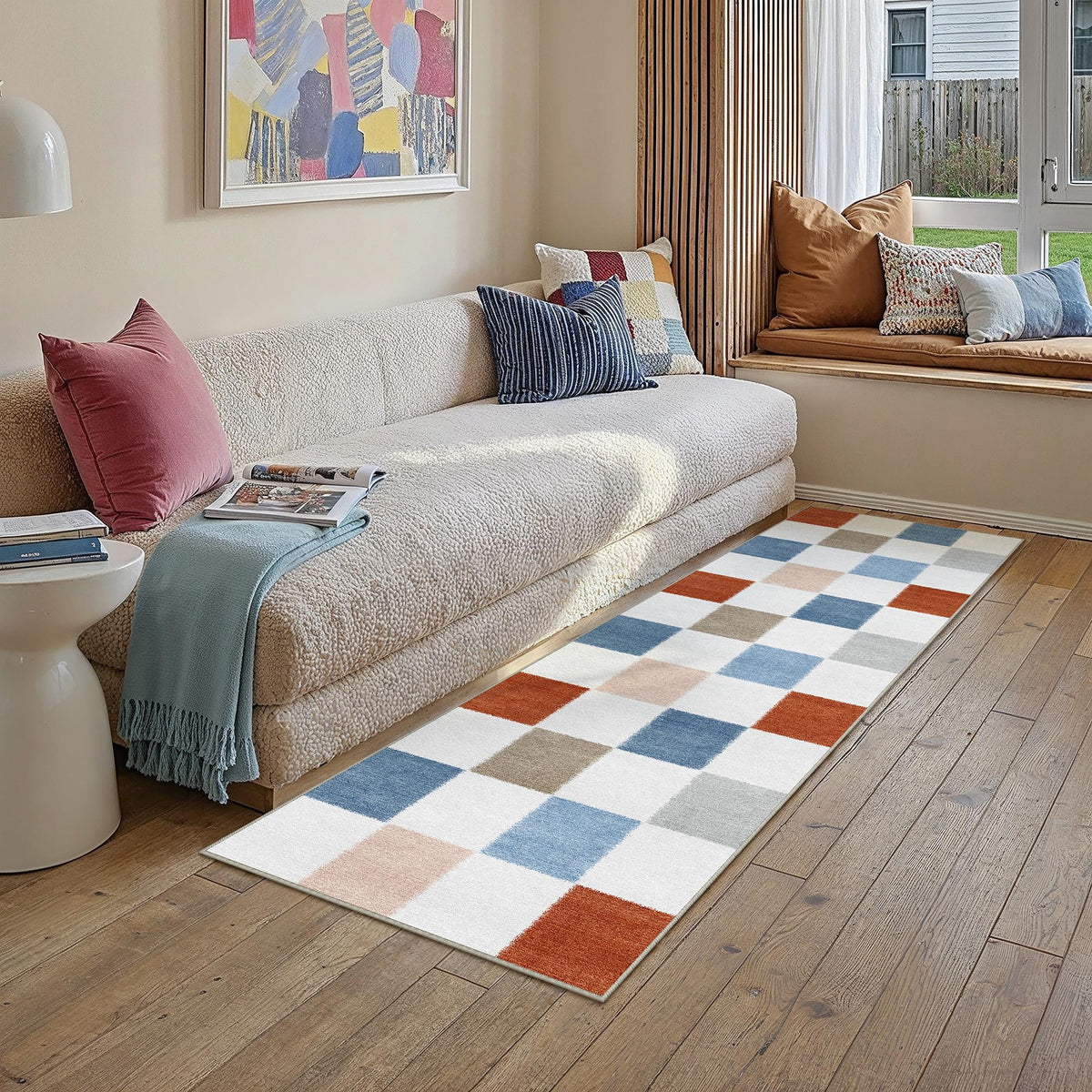 PureCozy 8x10 Washable Area Rug Living Room Beige Non Slip Checkered Carpet