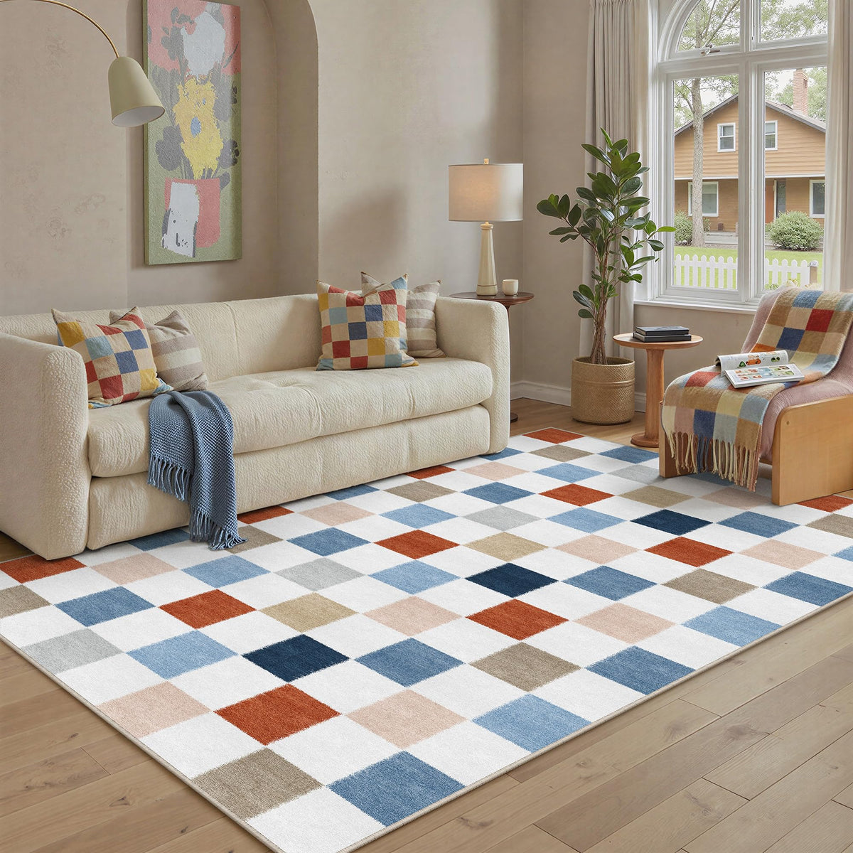 PureCozy 8x10 Washable Area Rug Living Room Beige Non Slip Checkered Carpet