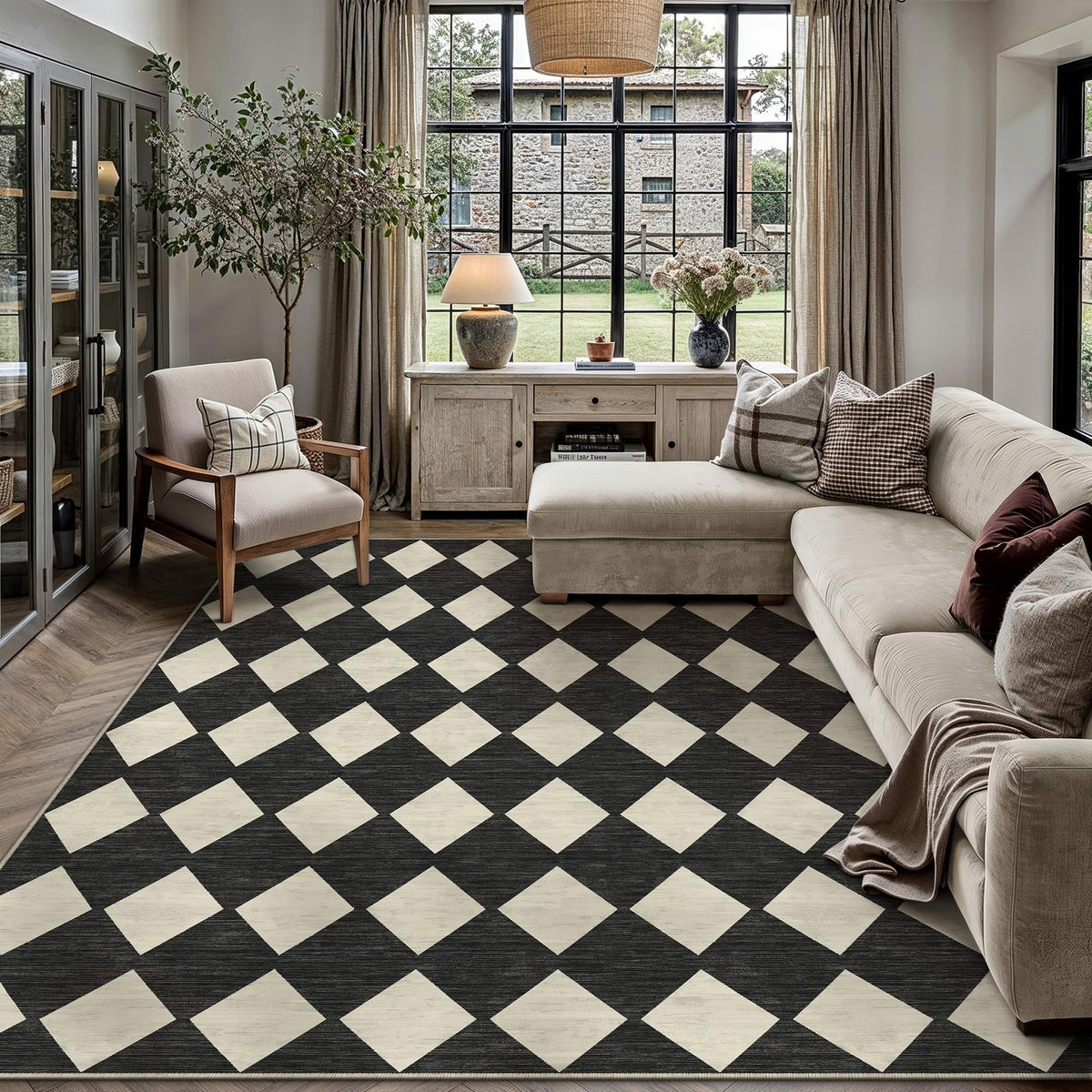 PureCozy 8x10 Washable Area Rug Living Room Beige Non Slip Checkered Carpet
