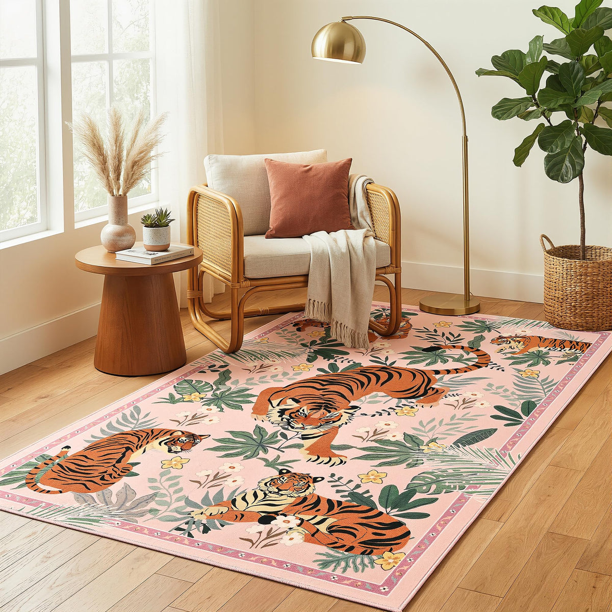 Zentavio Tiger Area Rug 6x9, Vintage Safari Animal Print Rug, Washable Non Slip Boho Camel Carpet for Living Room Bedroom