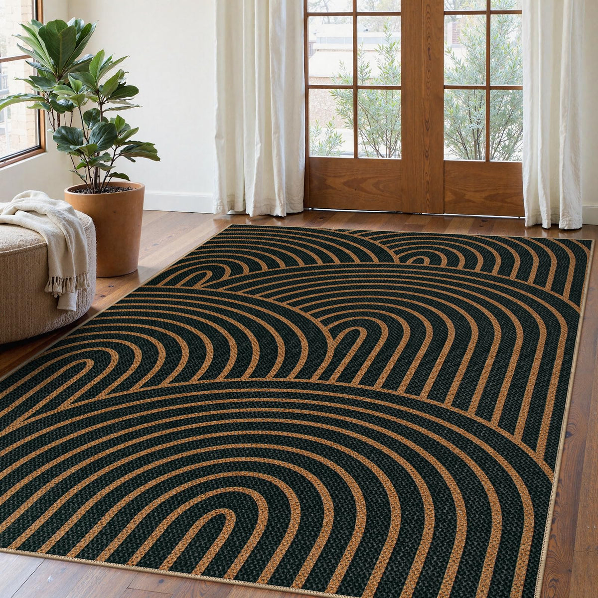 Lahome Modern Rainbow Easy Jute Carpet, Washable 5x7 Area Rugs for Living Room Patio Black Farmhouse Indoor Outdoor Rugs, Contemporary Natural Non Slip Floor Carpet for Office RV Backyard