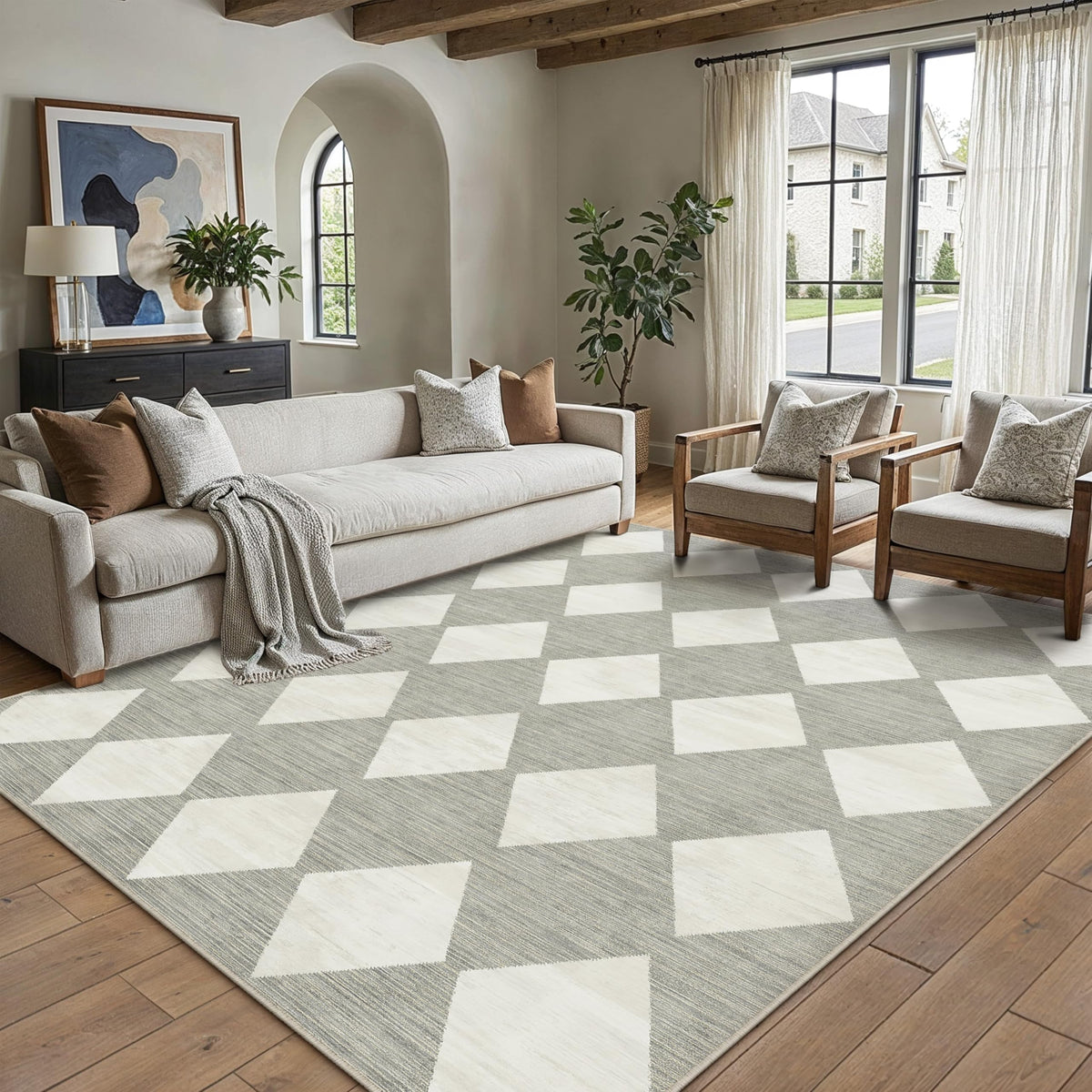 PureCozy 8x10 Washable Area Rug Living Room Beige Non Slip Checkered Carpet