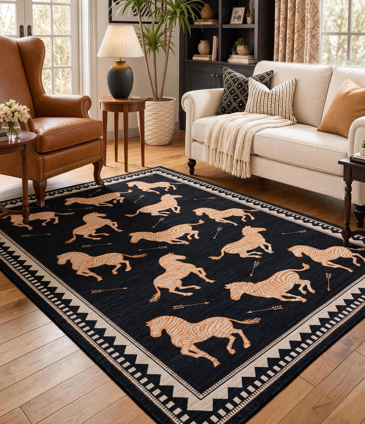 YIHOUSE Red Zebra Area Rugs 5×7, Washable Animal Print Rug with Checkered Border, Non-Slip Low Pile Mid-Century Modern Carpet for Living Room, Bedroom, Dining Room, Home Decor