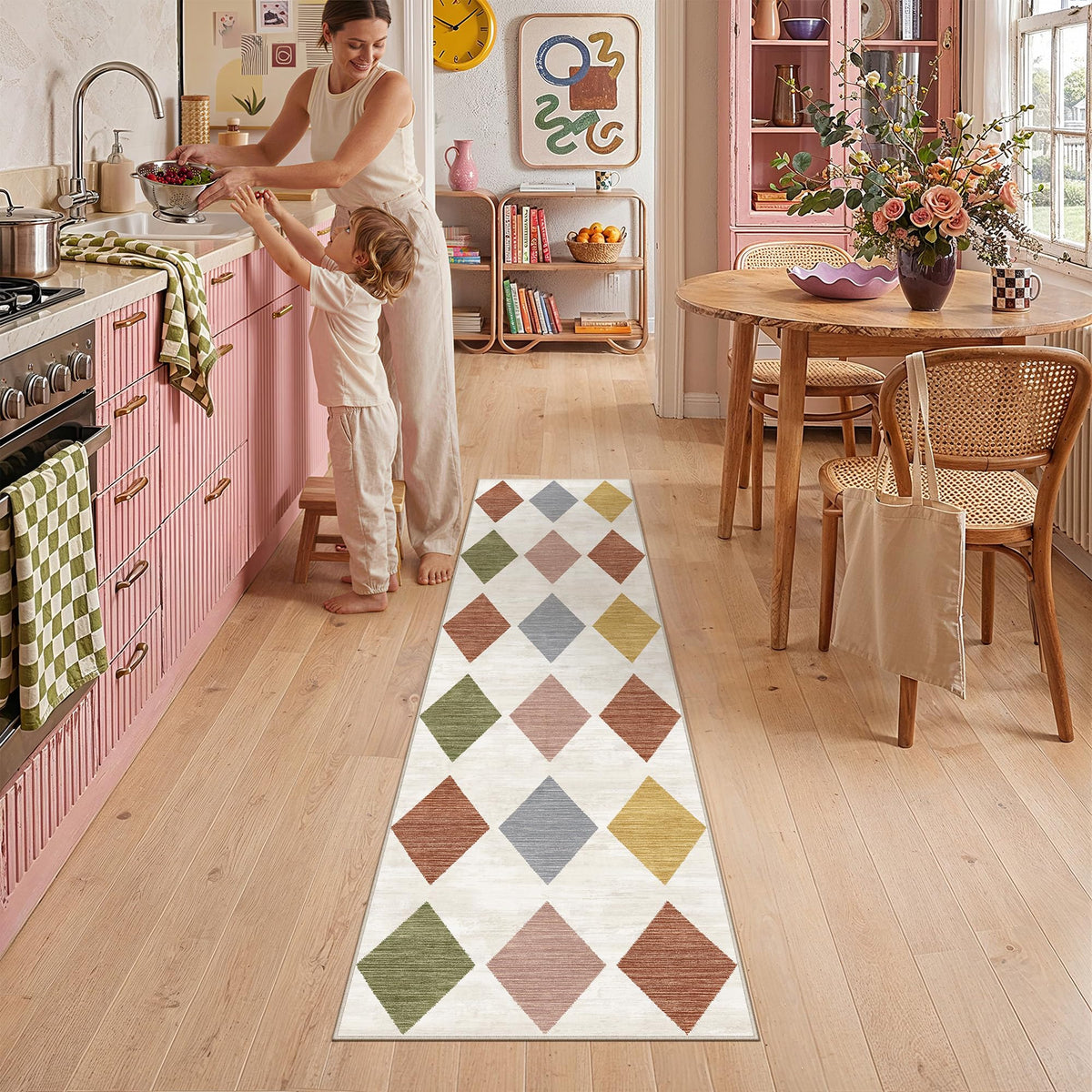 PureCozy 8x10 Washable Area Rug Living Room Beige Non Slip Checkered Carpet