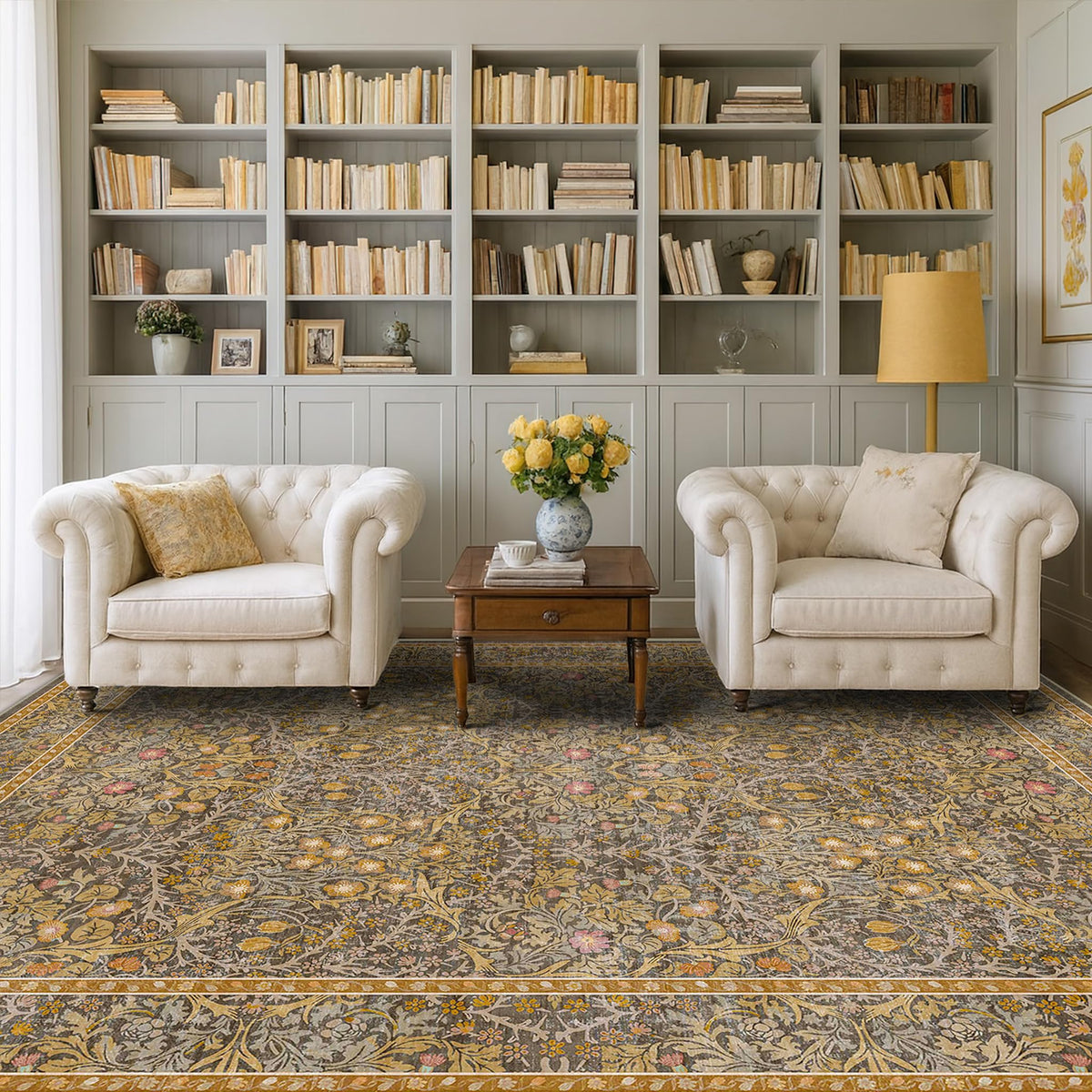 Floral Dark Green Washable Area Rugs 8x10, Vintage Living Room Rug
