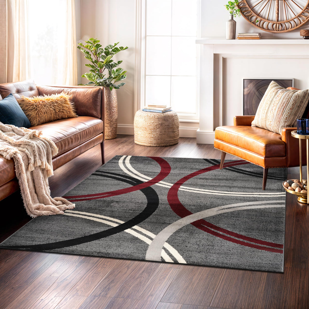 Rugshop Wavy Circles Fade-Resistant Living Room Area Rug Gray 5'3" x 7'3"