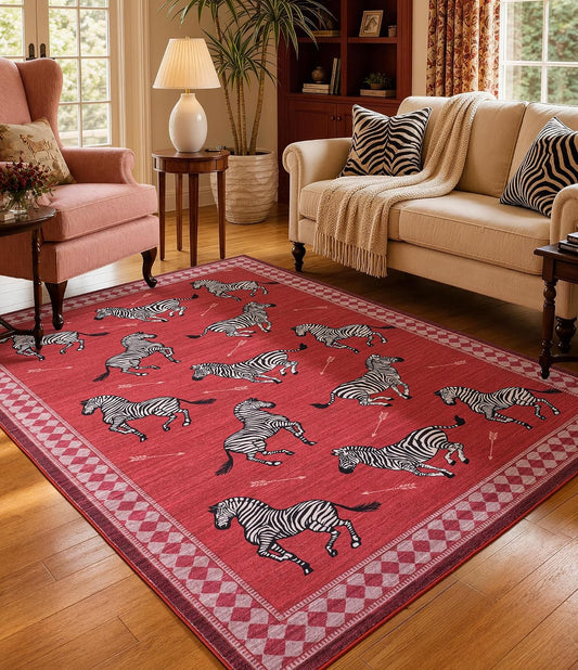 YIHOUSE Red Zebra Area Rugs 5×7, Washable Animal Print Rug with Checkered Border, Non-Slip Low Pile Mid-Century Modern Carpet for Living Room, Bedroom, Dining Room, Home Decor