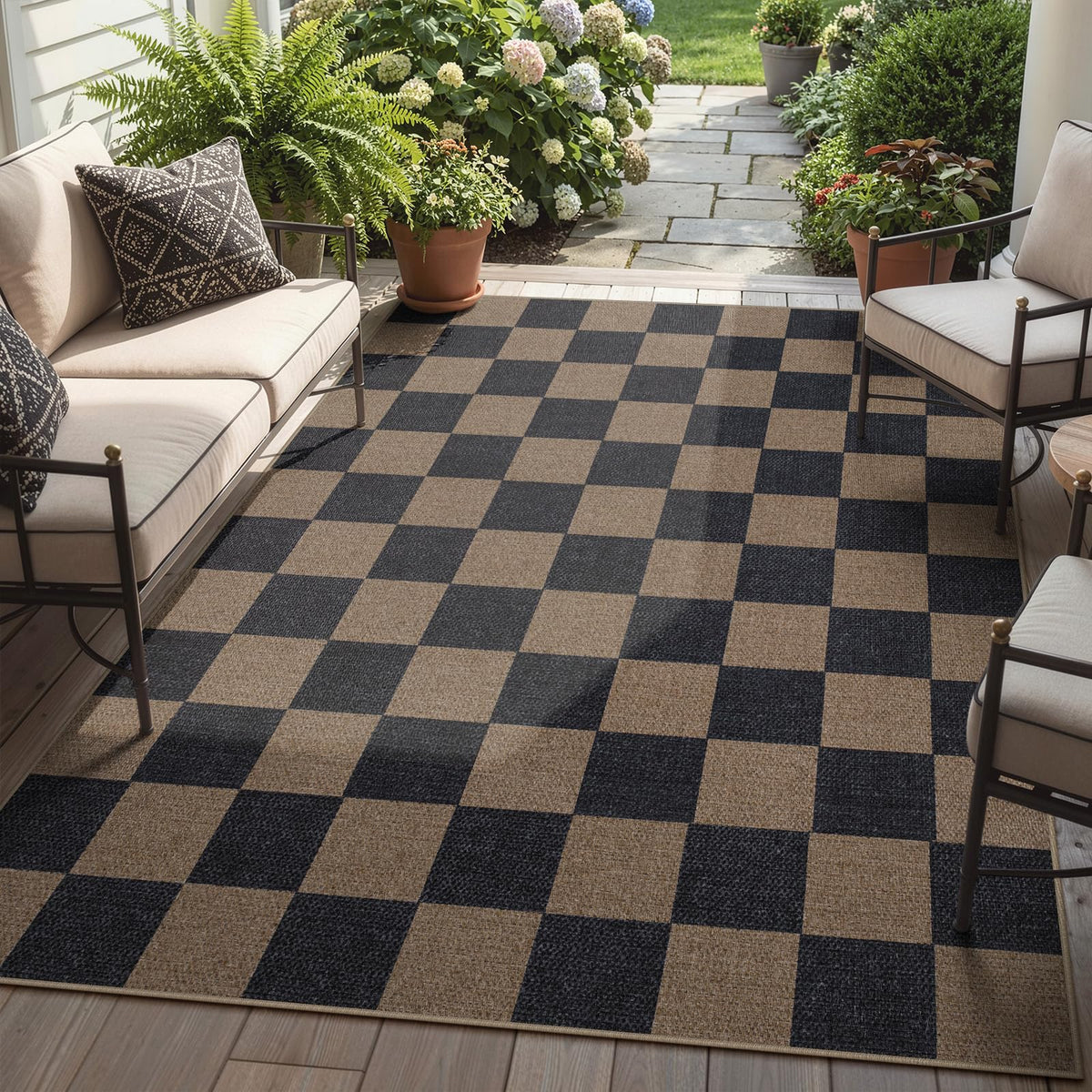 Lahome Checkered Easy Jute 5x7 Area Rugs, Washable Outdoor Patio Rug for Living Room Diamond Indoor Outdoor Carpet, Farmhouse Geometric Non Slip Black Carpet for Backyard Dining Room