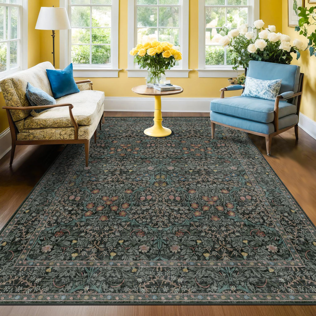 Floral Dark Green Washable Area Rugs 8x10, Vintage Living Room Rug