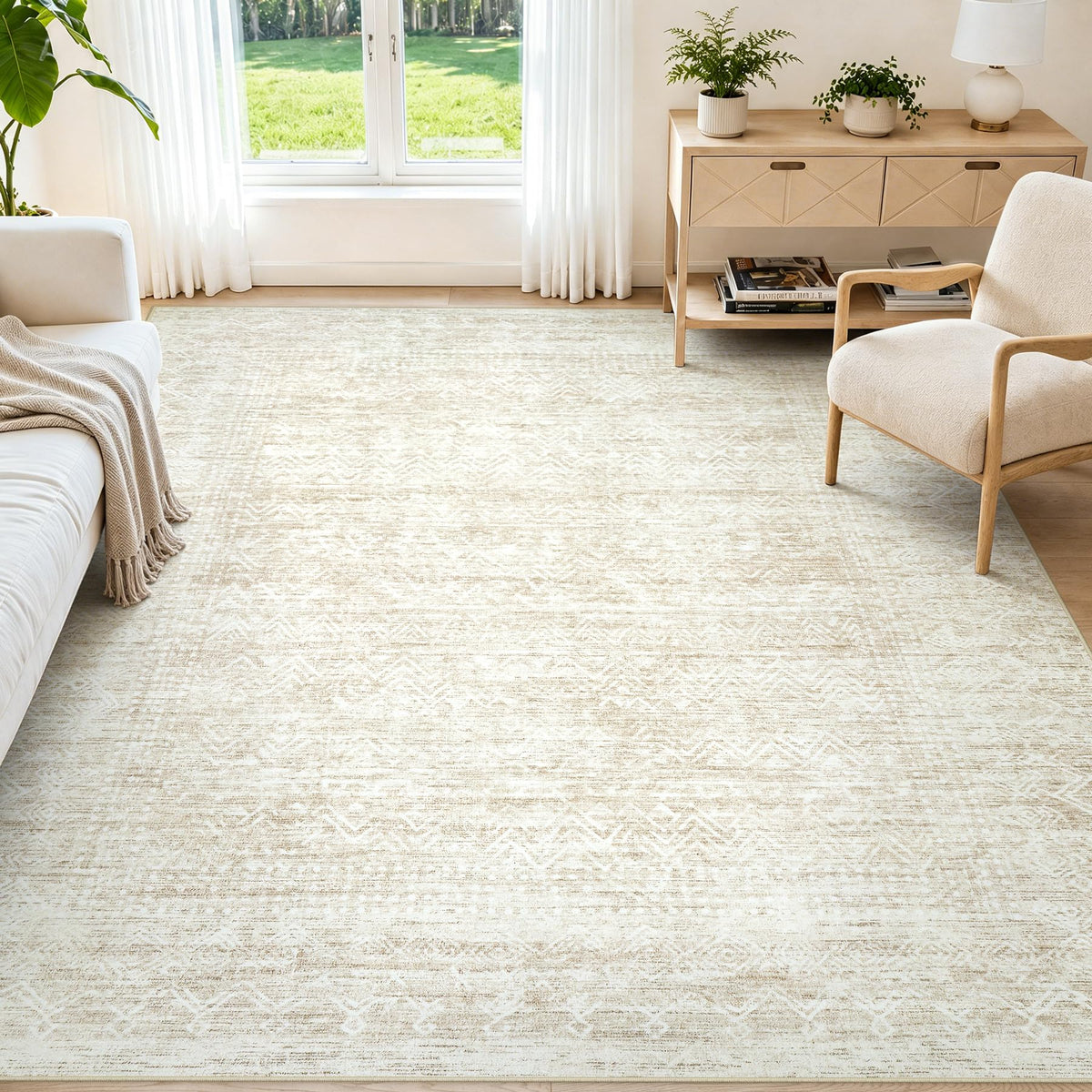 8x10 Area Rugs, Beige Washable Geometric Boho Rug for Living Room, Bedroom