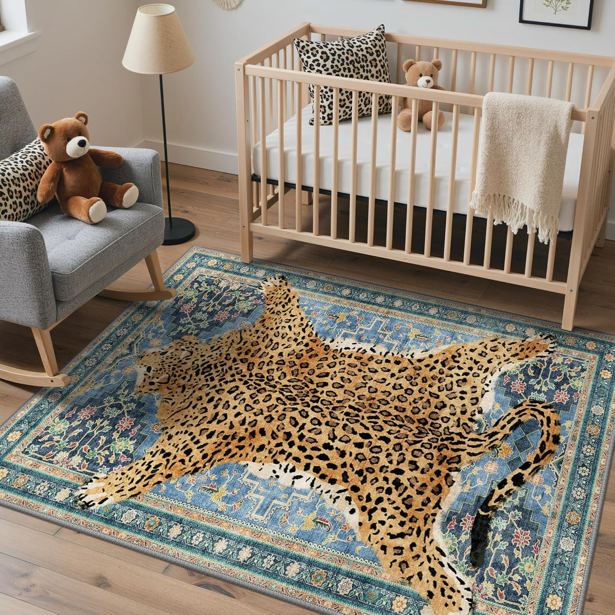 Bavni Leopard Rug 5x7 Cheetah Animal Print Rug Washable Jungle Rugs Blue