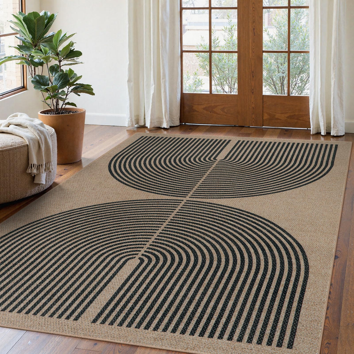 Lahome Modern Rainbow Easy Jute Carpet, Washable 5x7 Area Rugs for Living Room Patio Black Farmhouse Indoor Outdoor Rugs, Contemporary Natural Non Slip Floor Carpet for Office RV Backyard