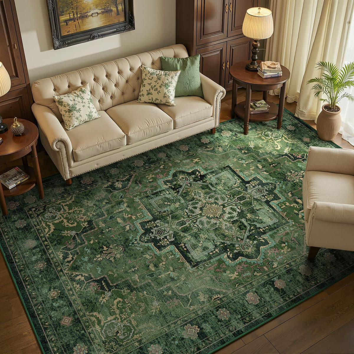 Vintage Distressed 5x7 Area Rugs for Living Room Bedroom Non Slip Washable, Medallion Pattern Printed Low Pile Thin Carpet Rugs for Dining Room/Kitchen/Home Office, Multi Brown Olive Accents